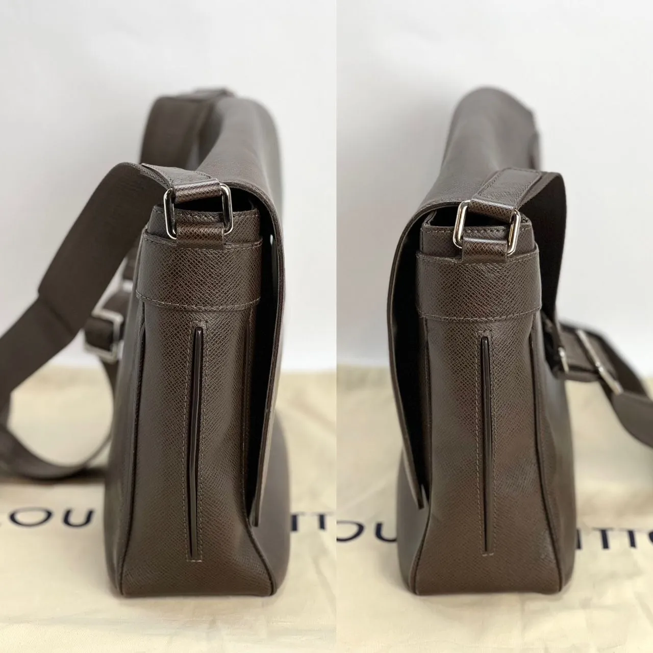 LOUIS VUITTON Taiga Roman MM Messenger Grizzli Leather Bag Men's