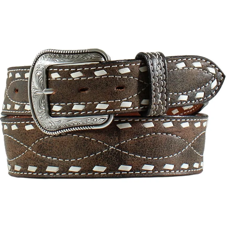 M&F Western White Buckstitched Leather Belt