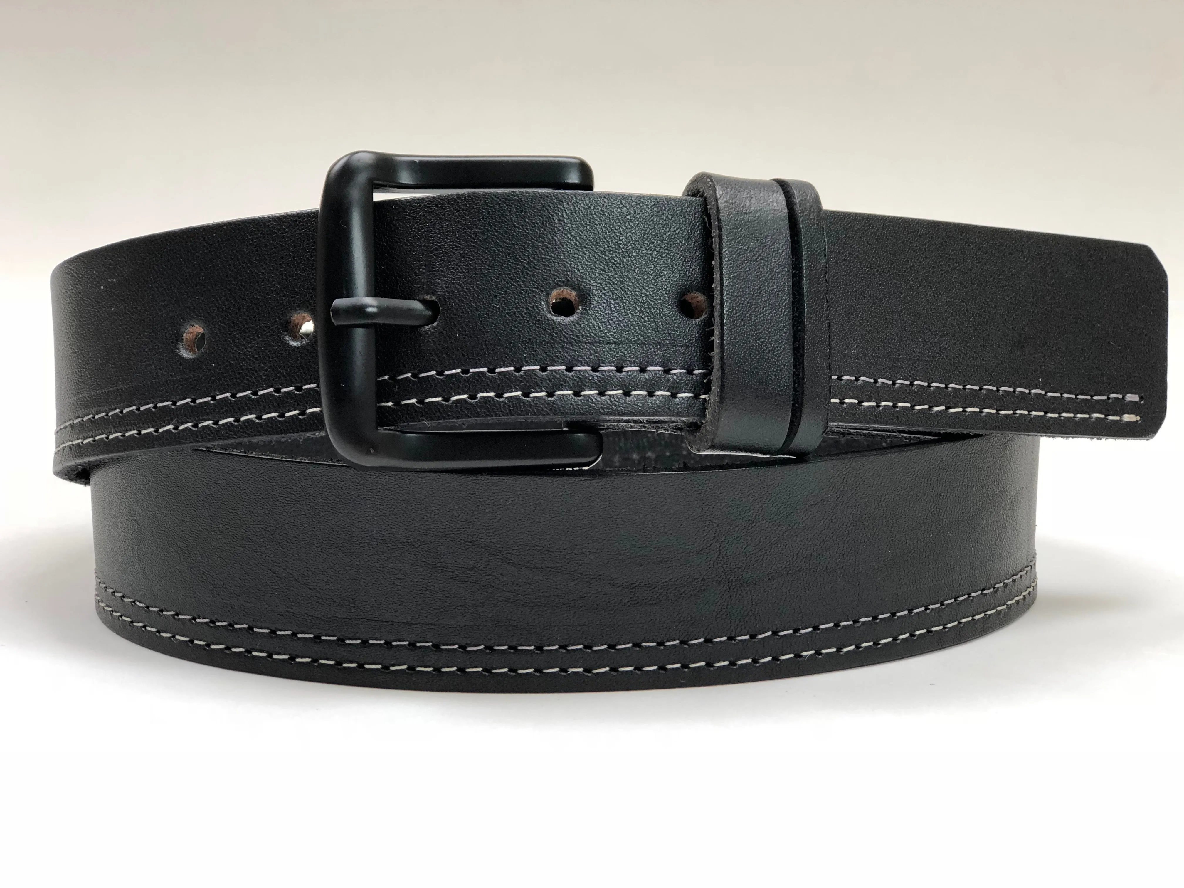Men's Black Leather Belt with White Stitching