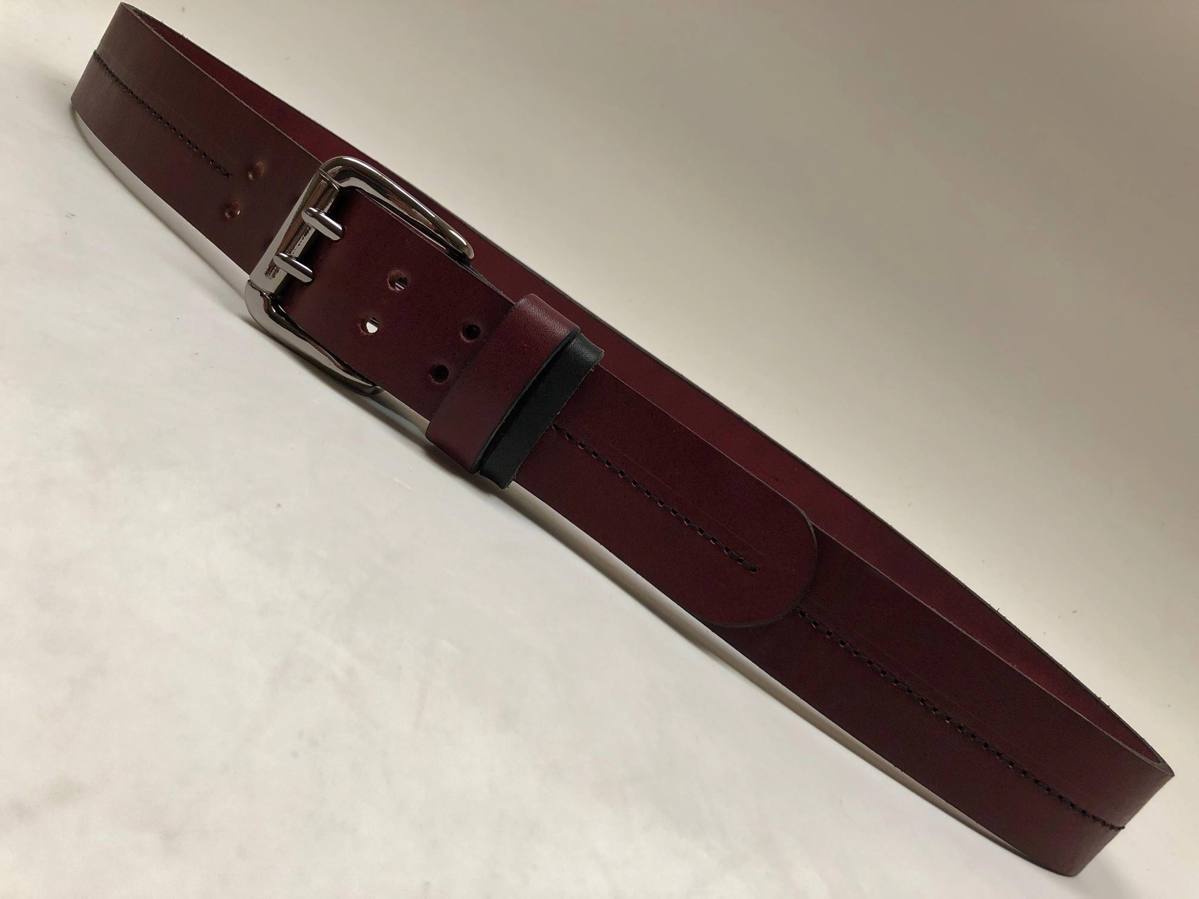 Men's Burgundy Leather Belt with 2 Prongs and Silver Tone Buckle 36A9