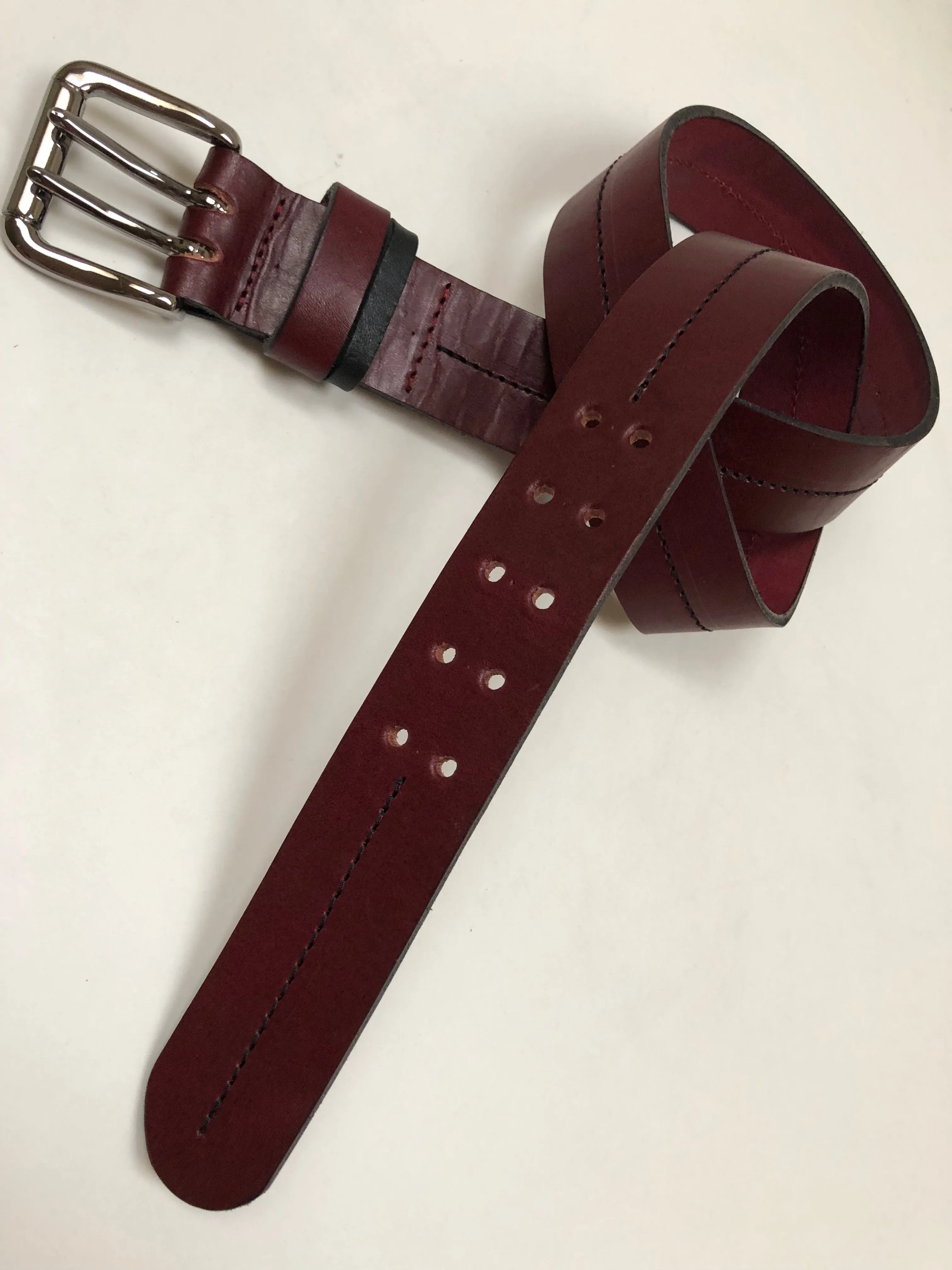 Men's Burgundy Leather Belt with 2 Prongs and Silver Tone Buckle 36A9