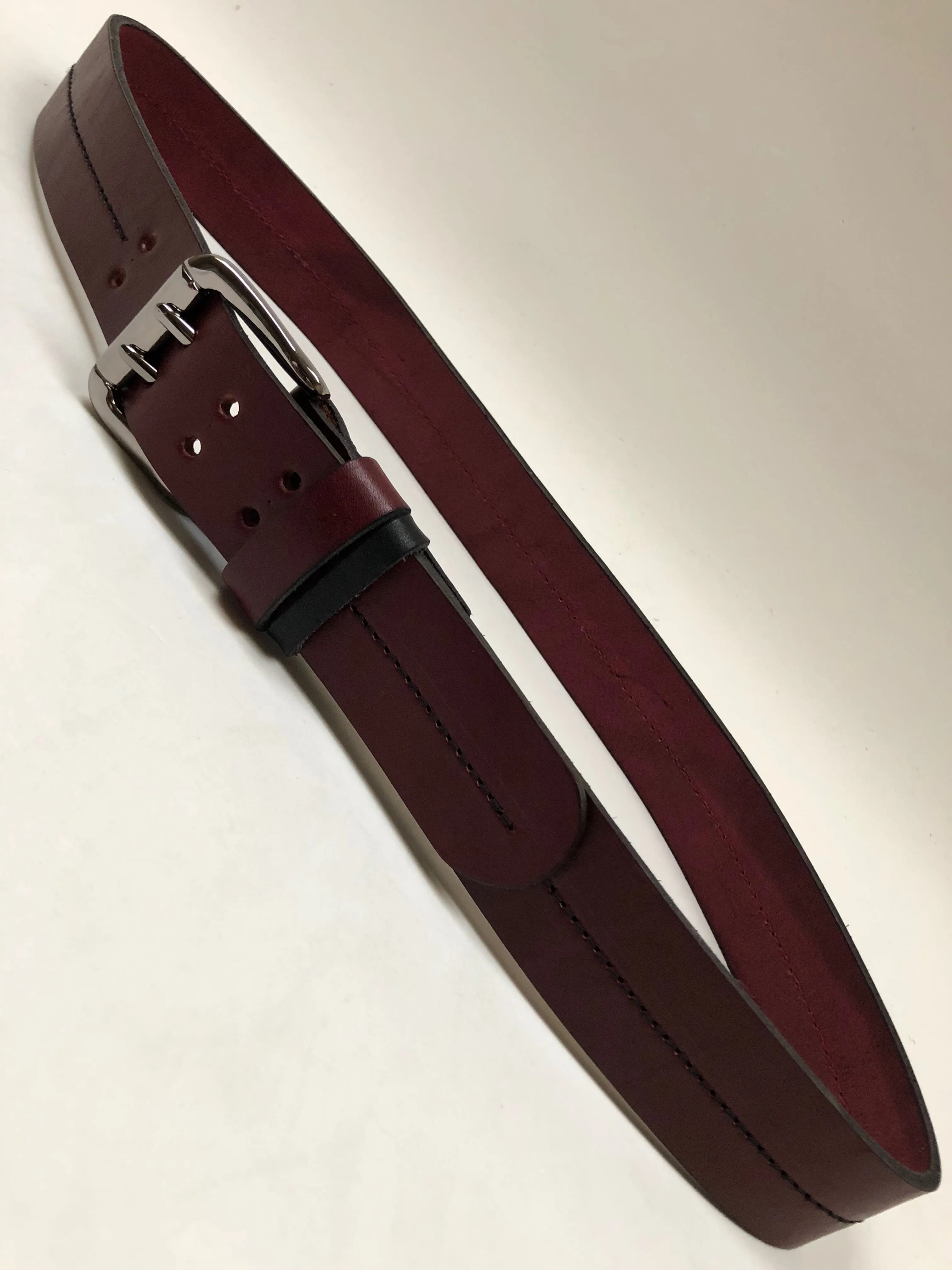 Men's Burgundy Leather Belt with 2 Prongs and Silver Tone Buckle 36A9