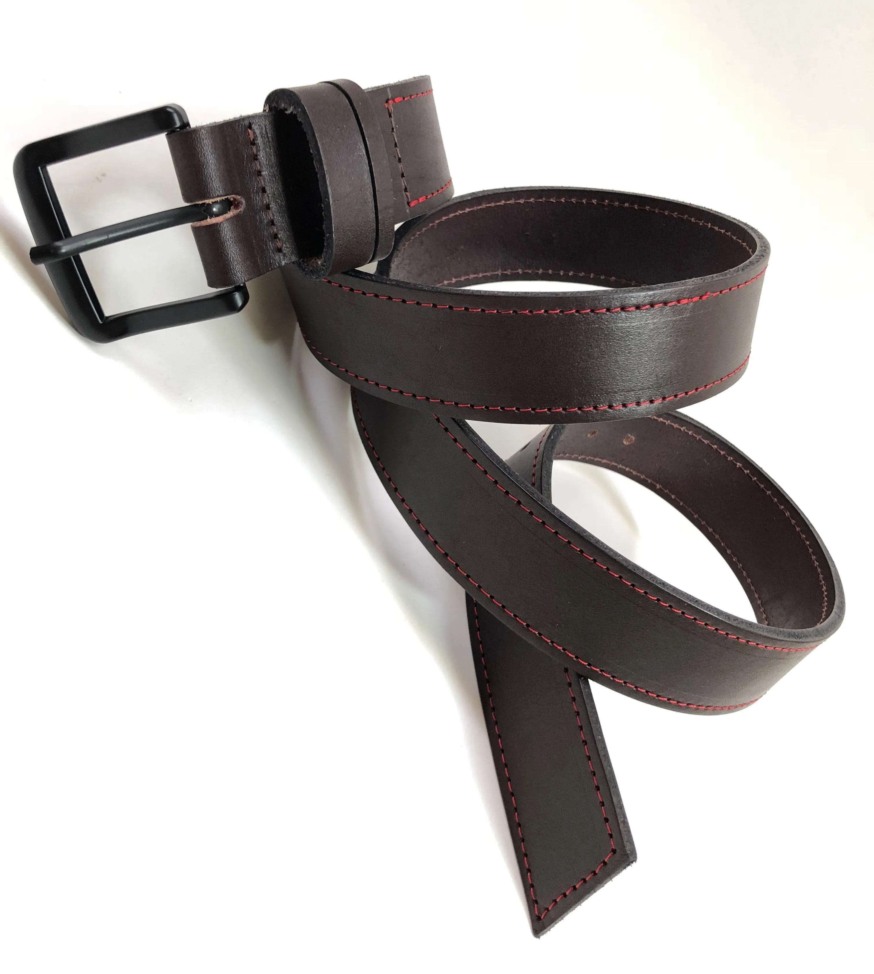 Men's Dark Brown Leather Belt with Red Stitching B1954