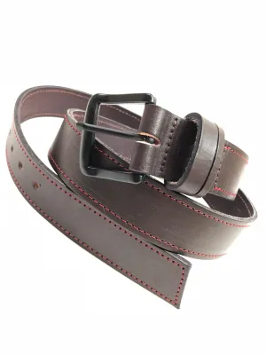 Men's Dark Brown Leather Belt with Red Stitching B1954