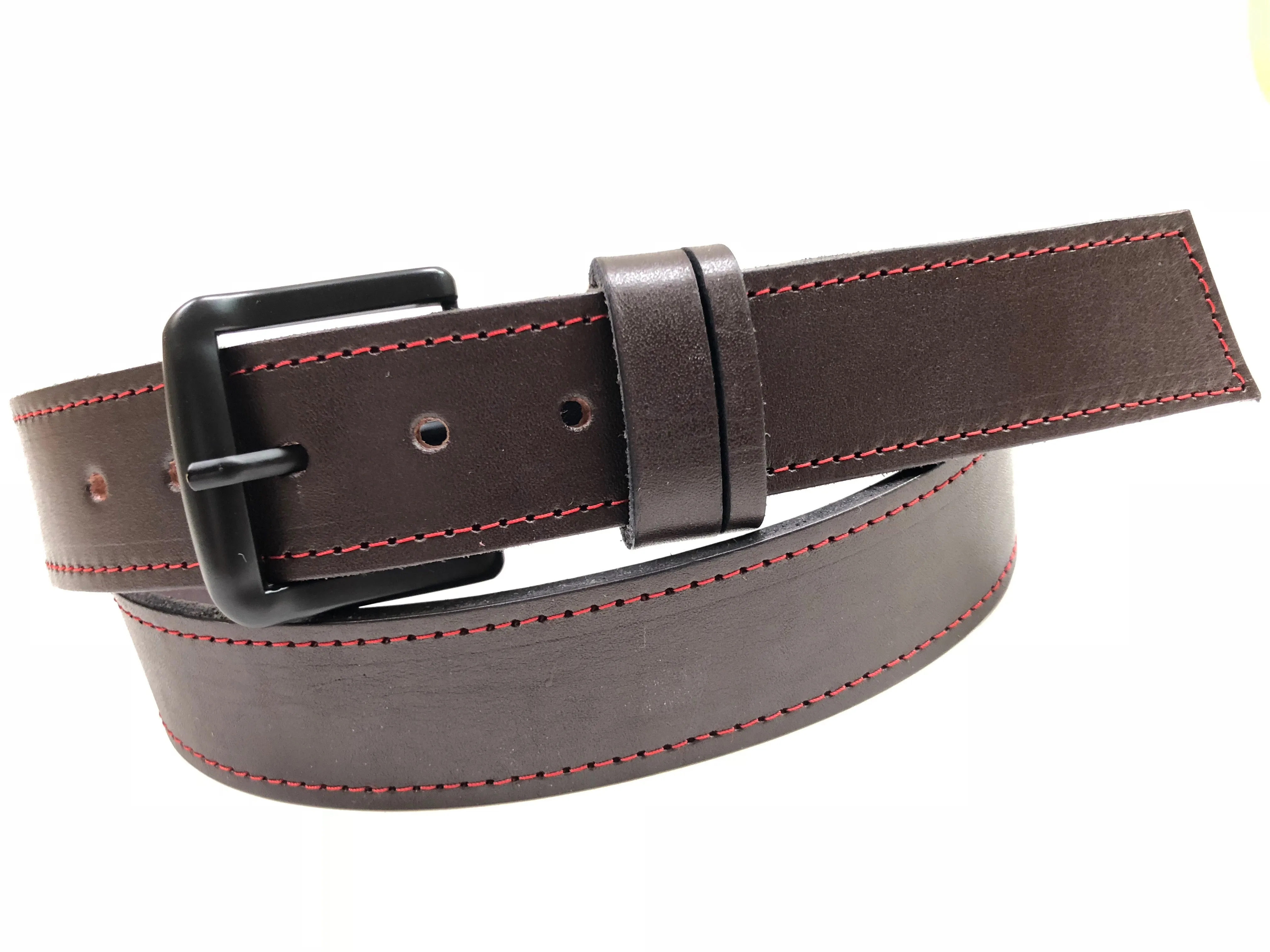Men's Dark Brown Leather Belt with Red Stitching B1954