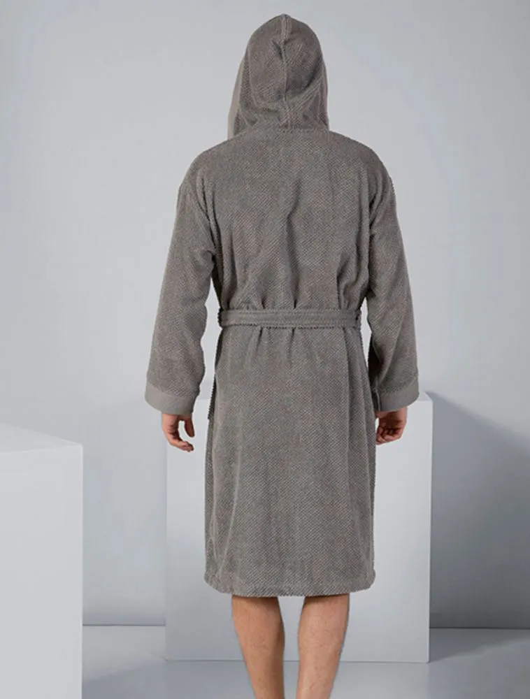 Men's Gray Turkish Cotton Hooded Terry Bathrobe