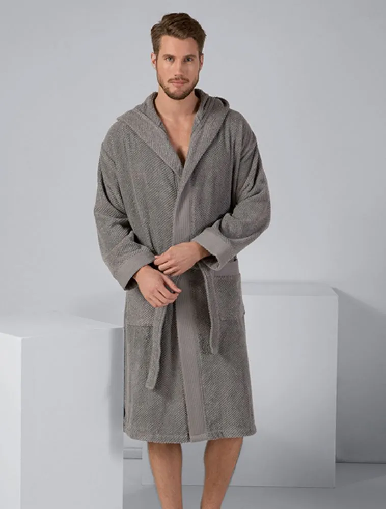 Men's Gray Turkish Cotton Hooded Terry Bathrobe