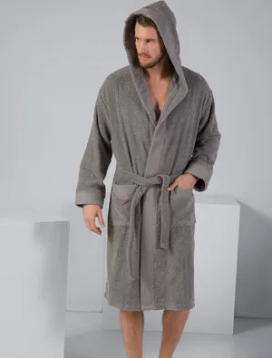Men's Gray Turkish Cotton Hooded Terry Bathrobe