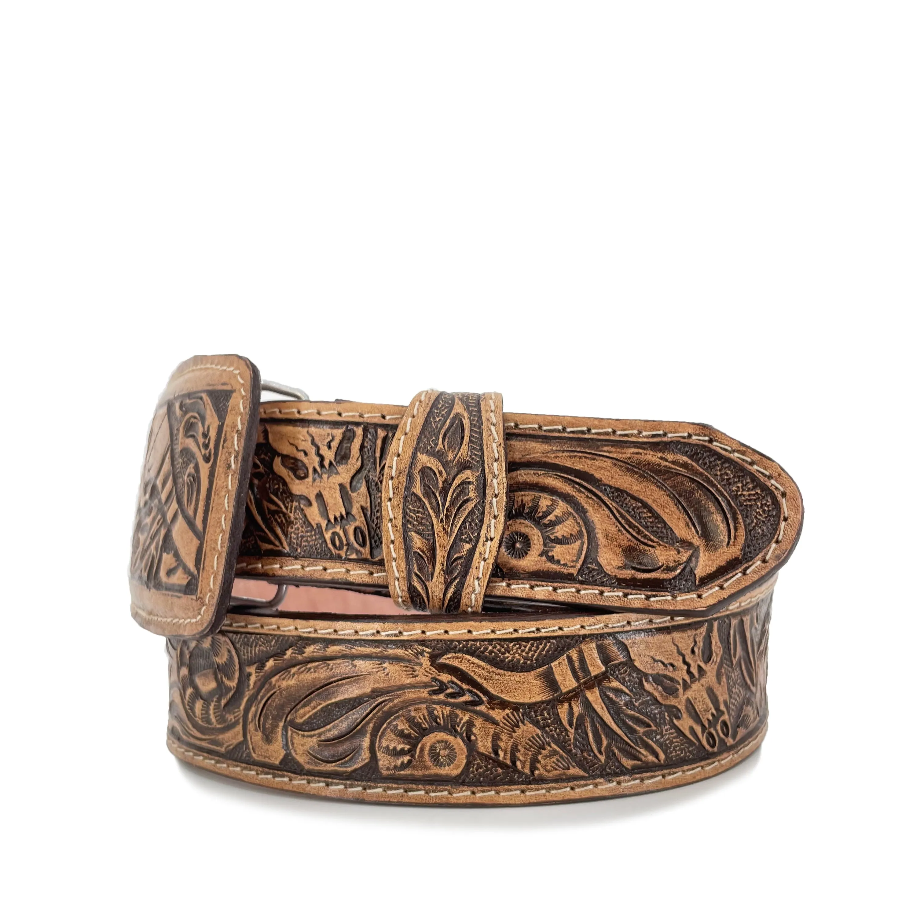 Men's Hand Tooled Belt - Long Horn Rustic