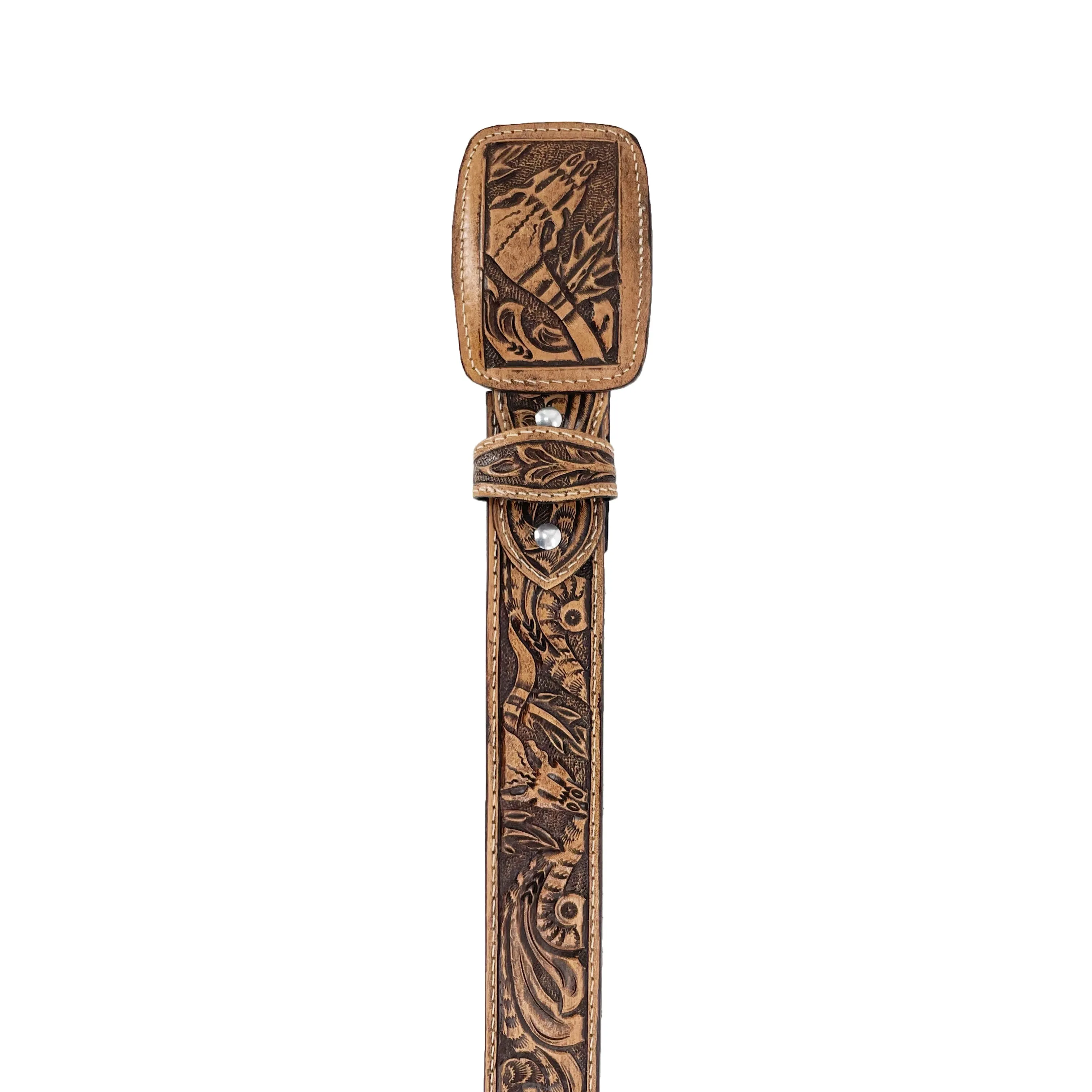 Men's Hand Tooled Belt - Long Horn Rustic