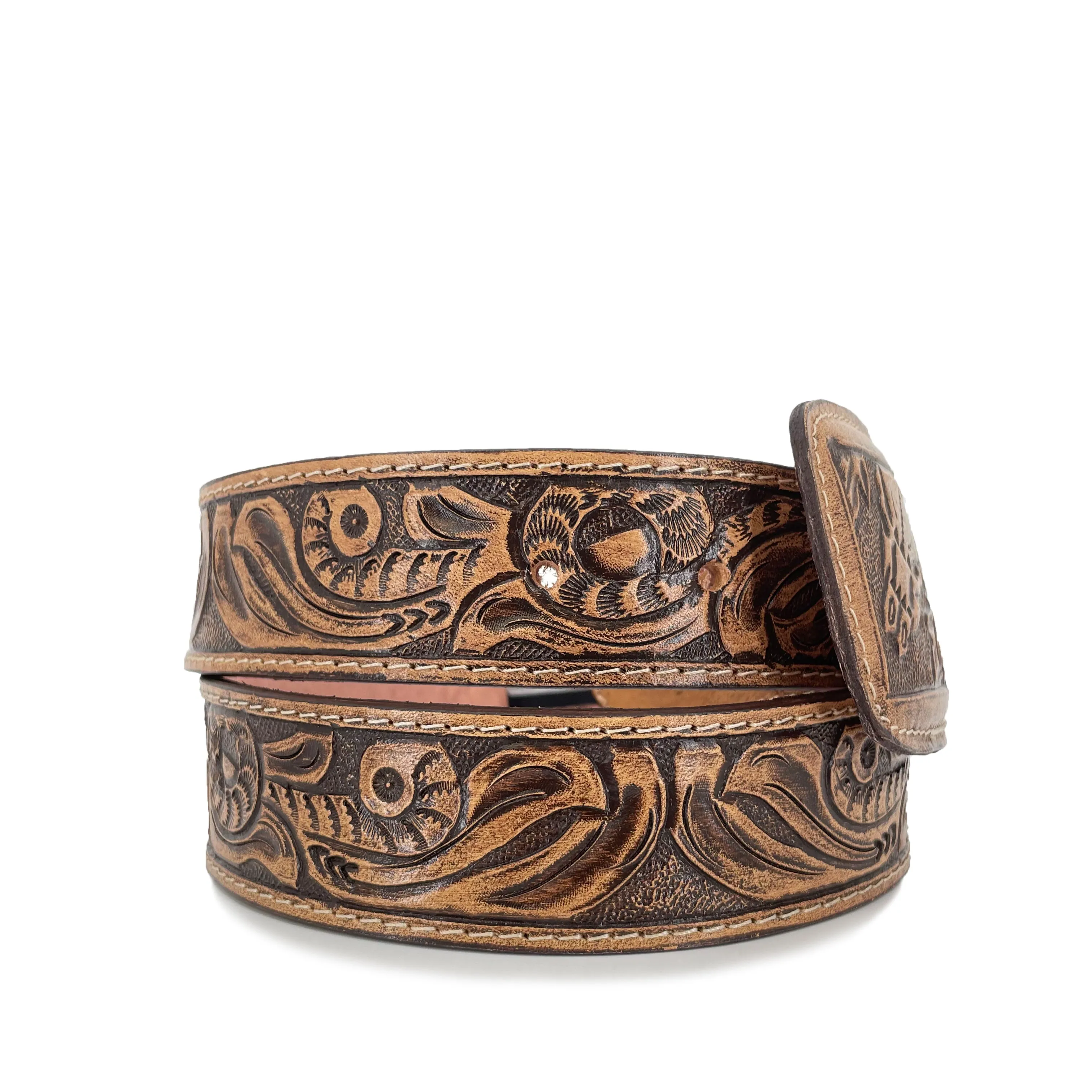 Men's Hand Tooled Belt - Long Horn Rustic
