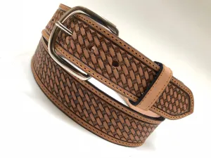 Men's Natural Leather Basket Weave Belt with Silver Tone Buckle 38A3