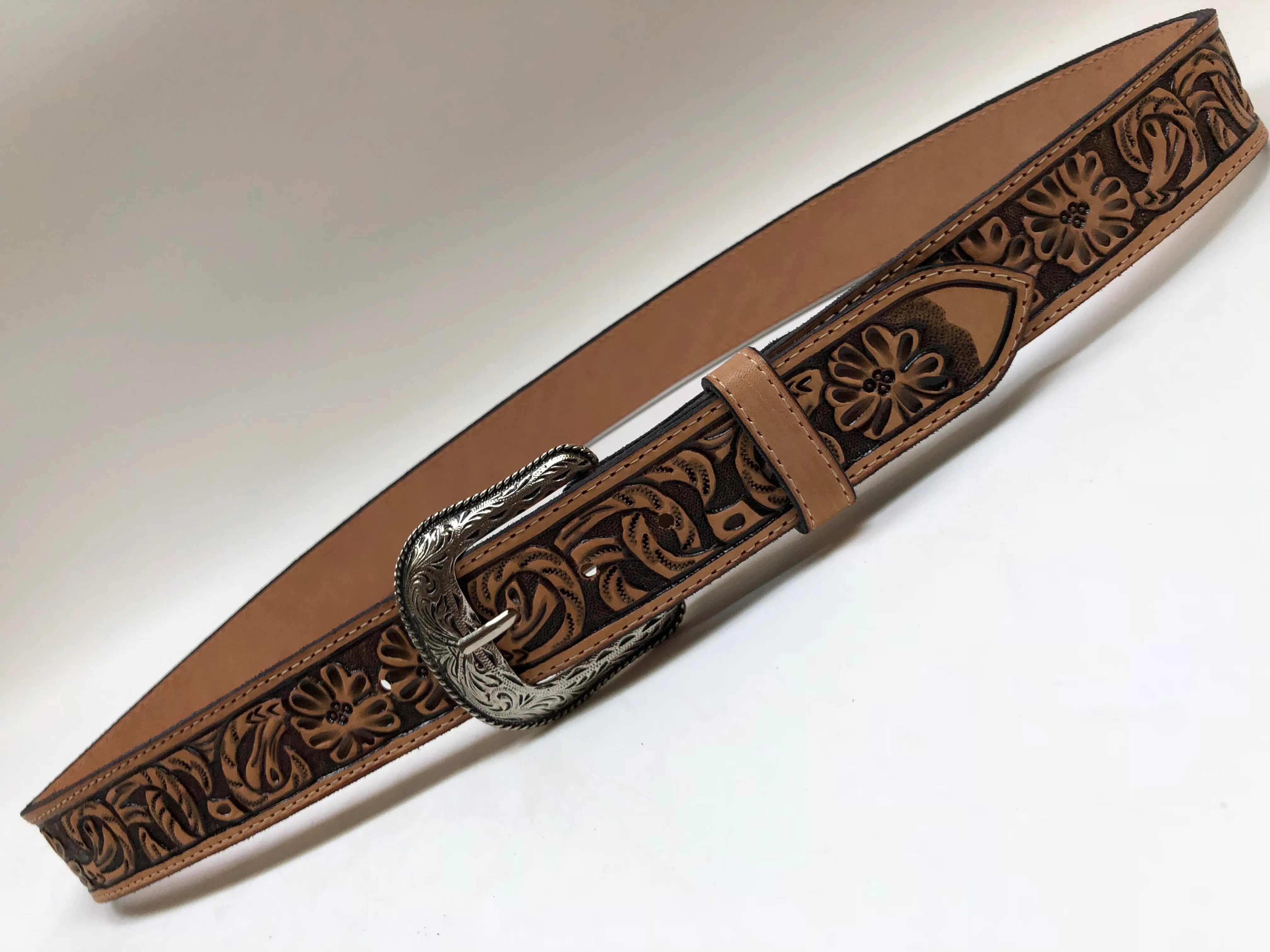 Men's Natural Leather Belt with Floral Tooling and Floral Silver Tone Buckle 42A2