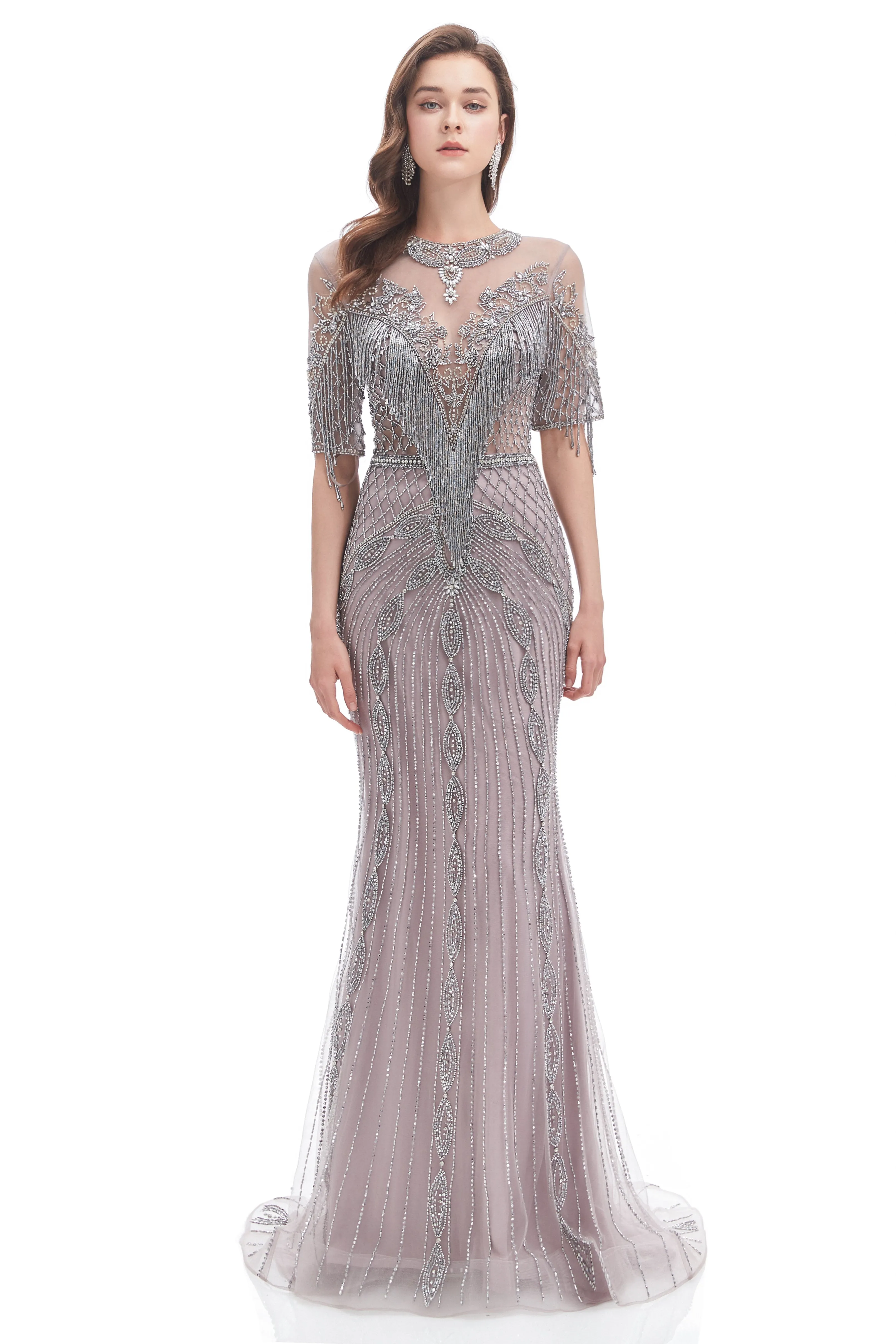 Mermaid Jewel Sequined Floor-length Half Sleeves Beading Prom Dress
