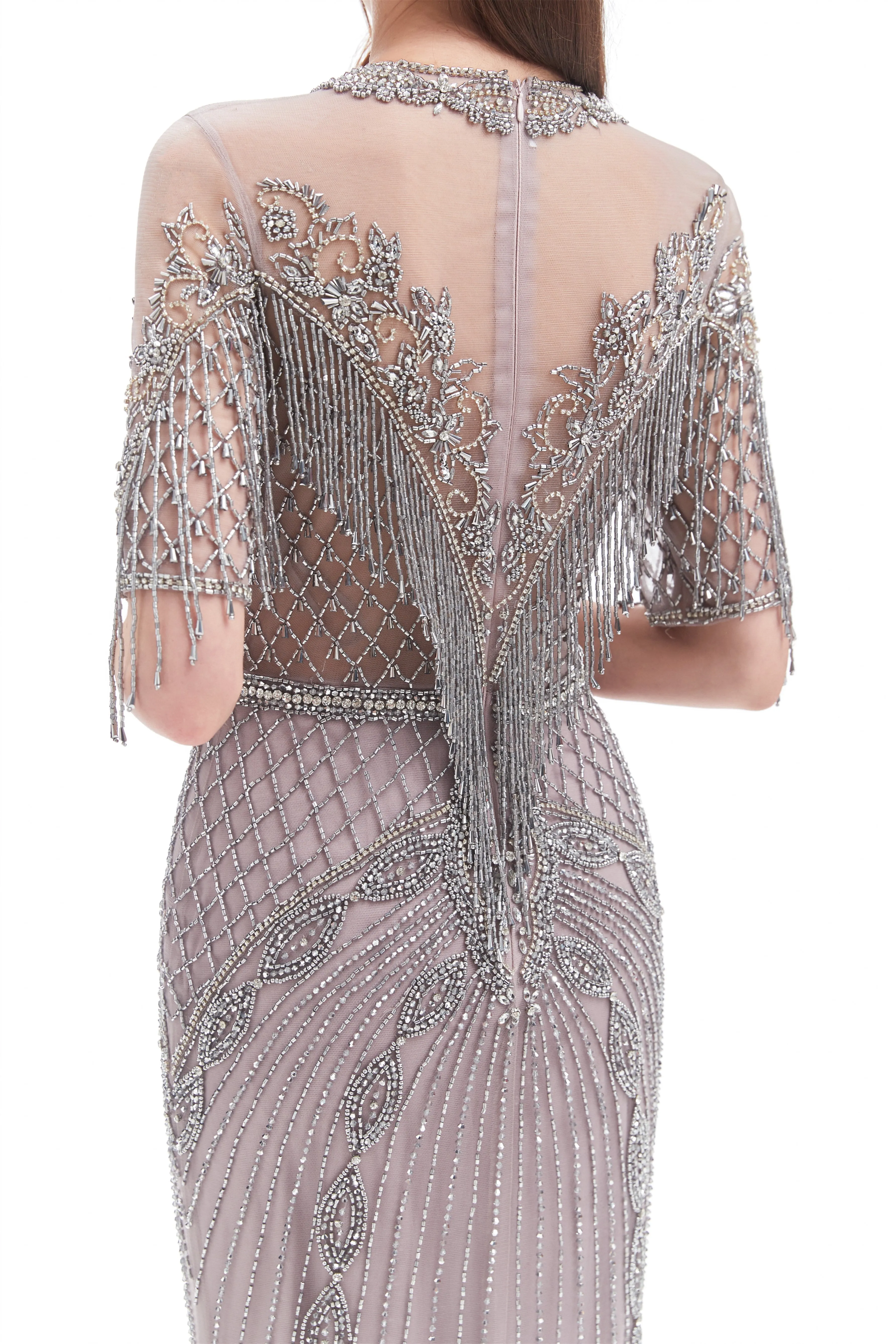 Mermaid Jewel Sequined Floor-length Half Sleeves Beading Prom Dress