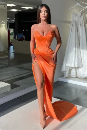 Mermaid Strapless Sweetheart High Split Ruffles Floor-length Sleeveless Open Back Prom Dress