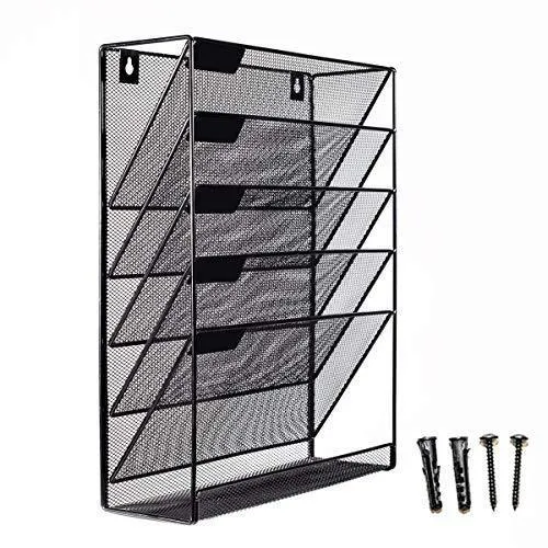 Mesh Wall Mounted Hanging Mail Document File Holder Organizer Tray - 5 Tier/Compartment Vertical Mount Letter Rack - Desk Paper Sorter (Black) for Office Kitchen Home Classroom Gym etc