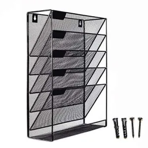 Mesh Wall Mounted Hanging Mail Document File Holder Organizer Tray - 5 Tier/Compartment Vertical Mount Letter Rack - Desk Paper Sorter (Black) for Office Kitchen Home Classroom Gym etc