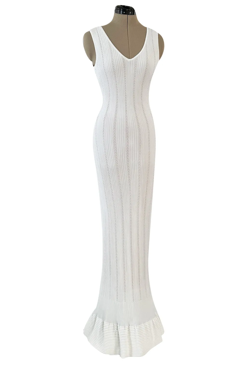 Mid 2000s Azzedine Alaia Supermodel Length White Knit w Nude Underlay Illusion Dress