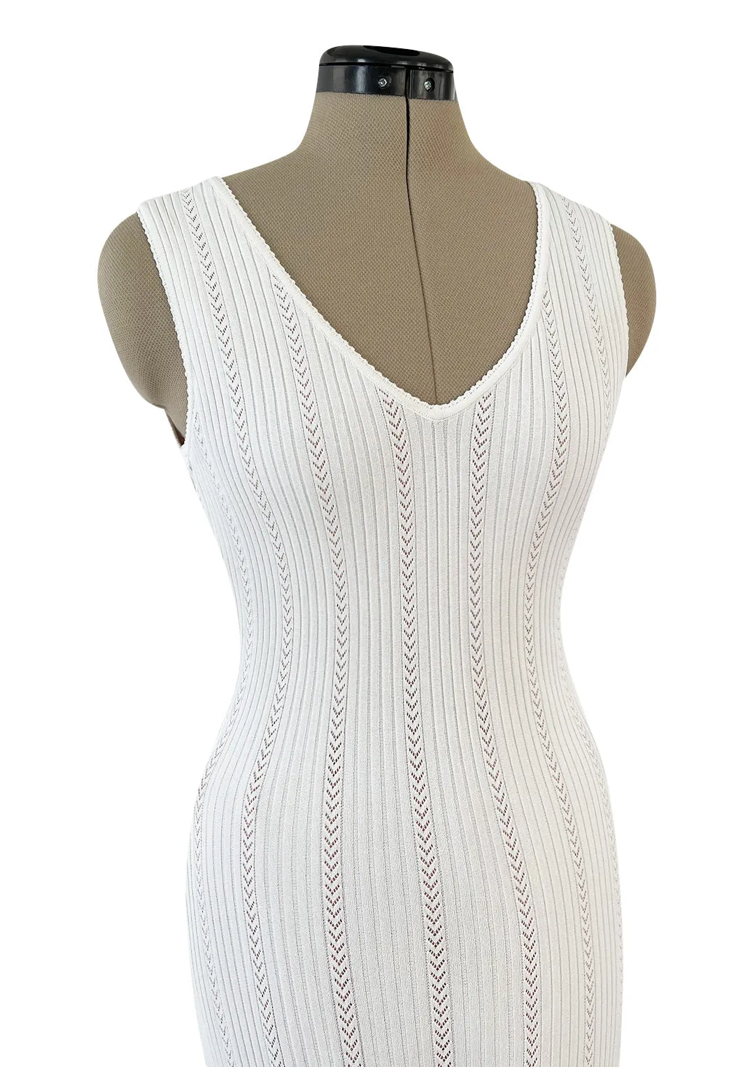 Mid 2000s Azzedine Alaia Supermodel Length White Knit w Nude Underlay Illusion Dress