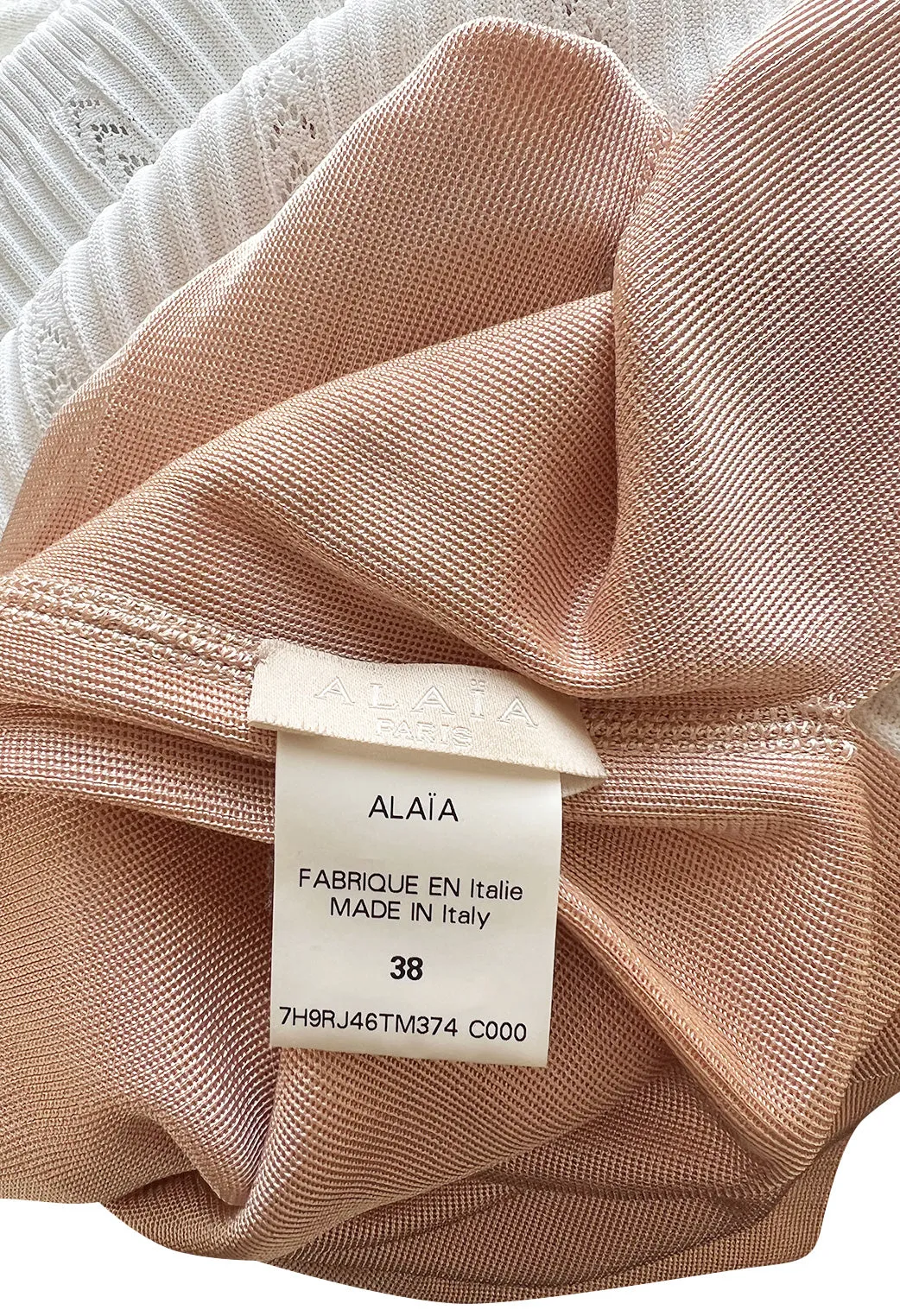 Mid 2000s Azzedine Alaia Supermodel Length White Knit w Nude Underlay Illusion Dress