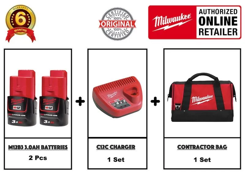 Milwaukee M12BI-0 12V Cordless Tyre Inflator / Battery Operated Tyre Pump c/w 2 no 3.0AH 12V Batteries, 1 no 12V Charger and 1 no Contractor Bag