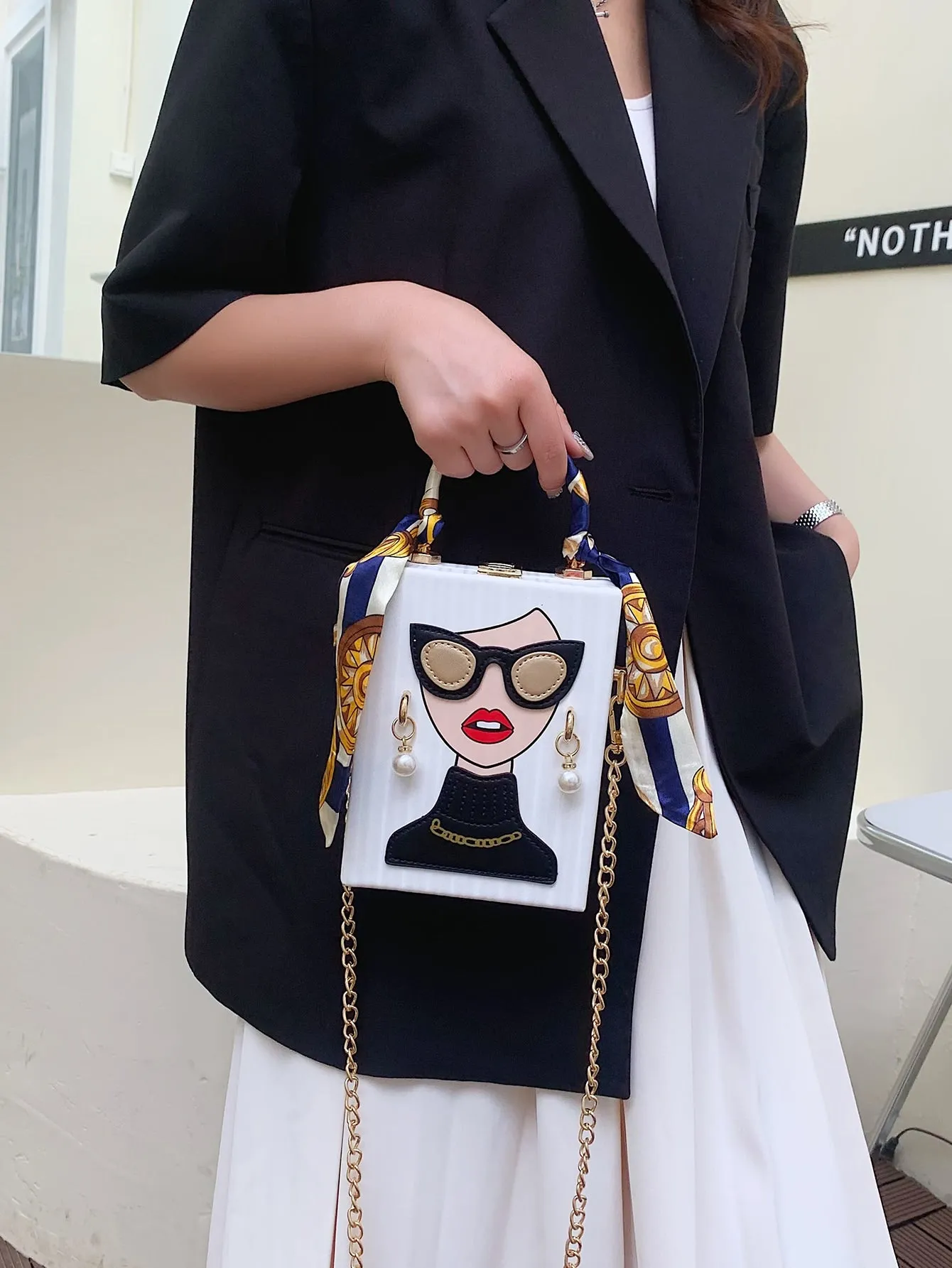 Mini Cartoon Figure Graphic Box Bag - White