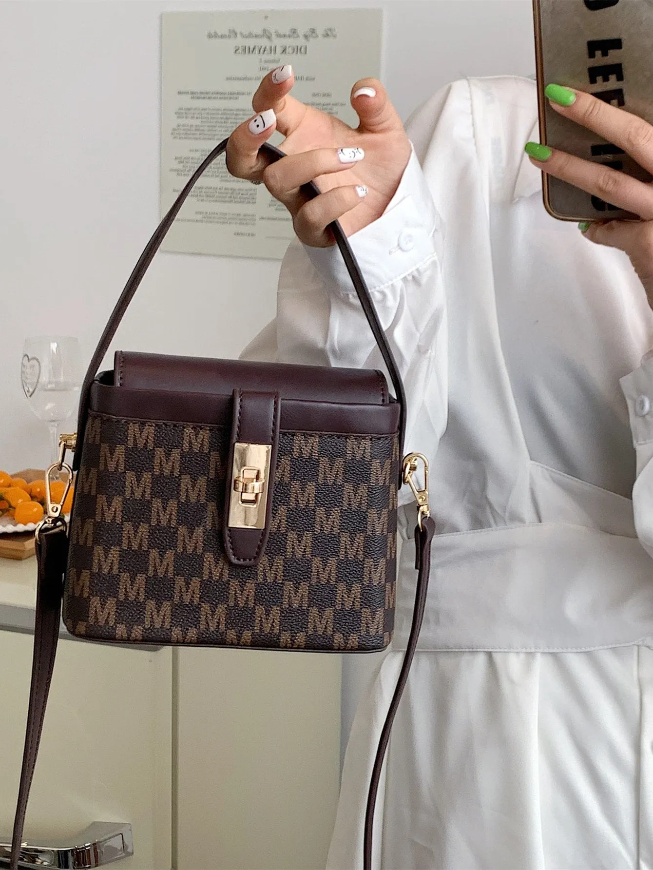 Mini Letter Graphic Twist Lock Square Bag - Brown- FD ⚡