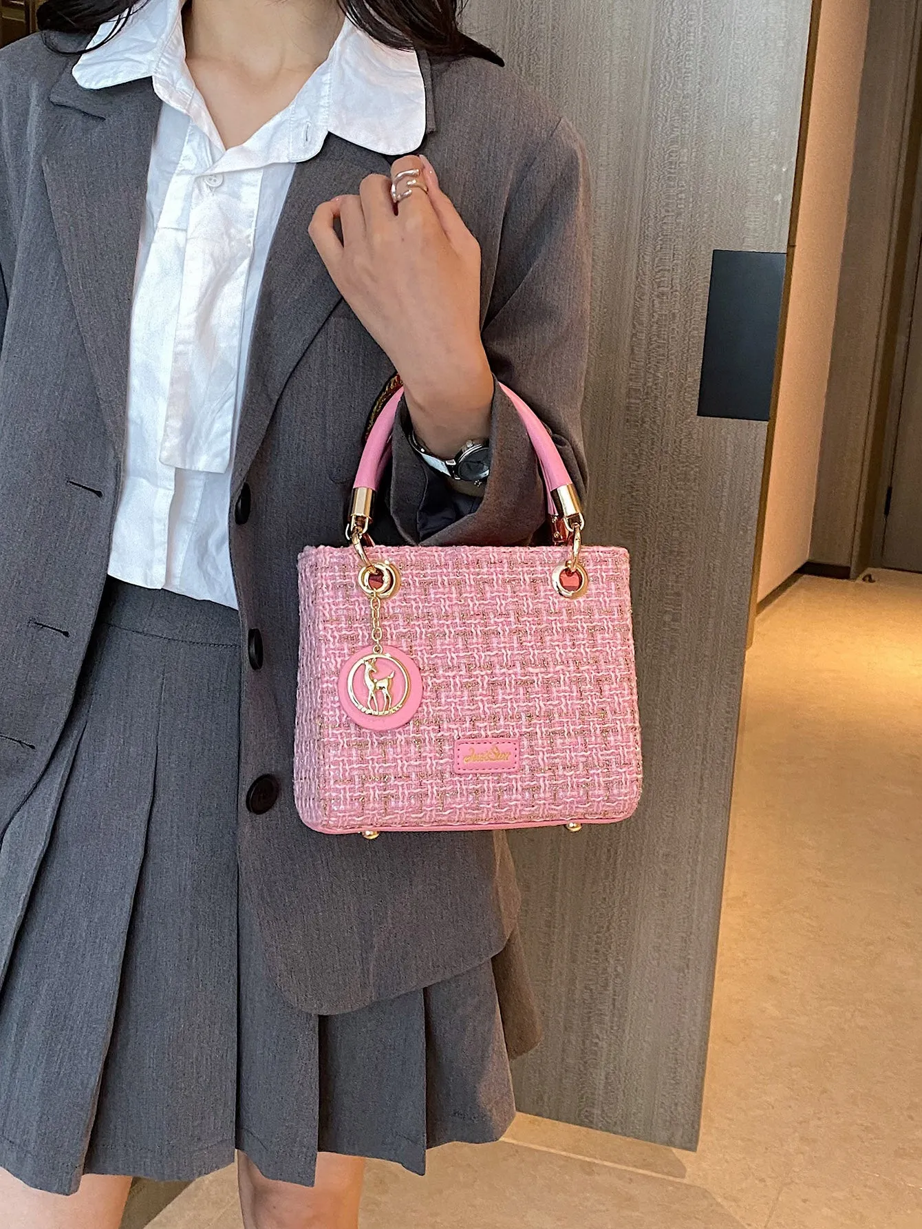 Mini Plaid Pattern Shoulder Bag - Pink