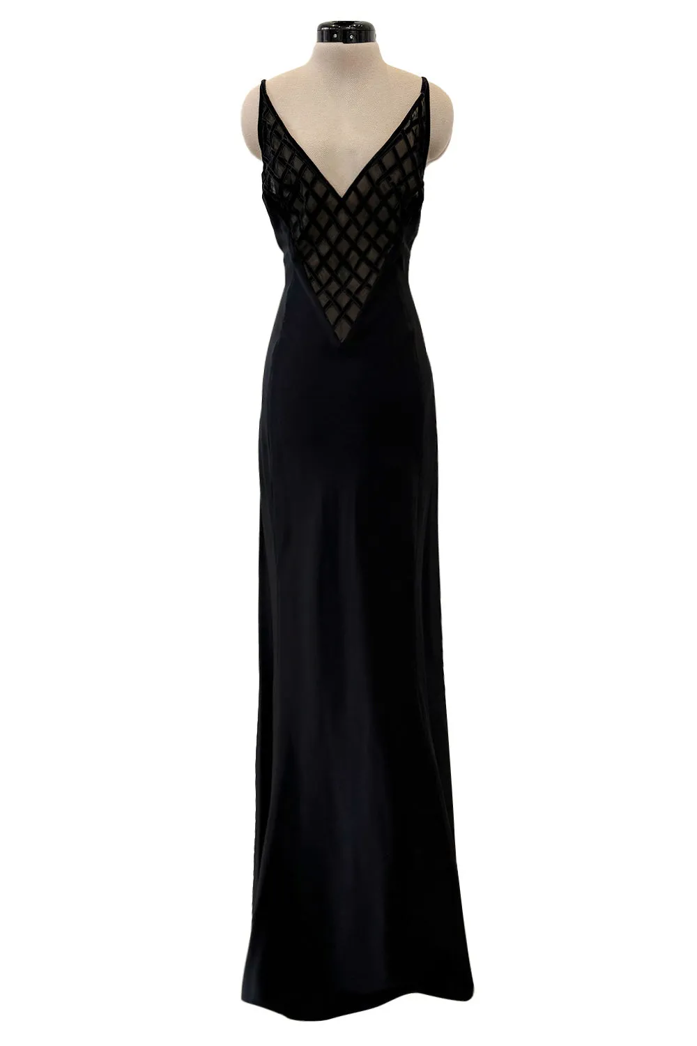 Minimalist 1990s Richard Tyler Velvet & Chiffon Lattice Front Black Silk Dress