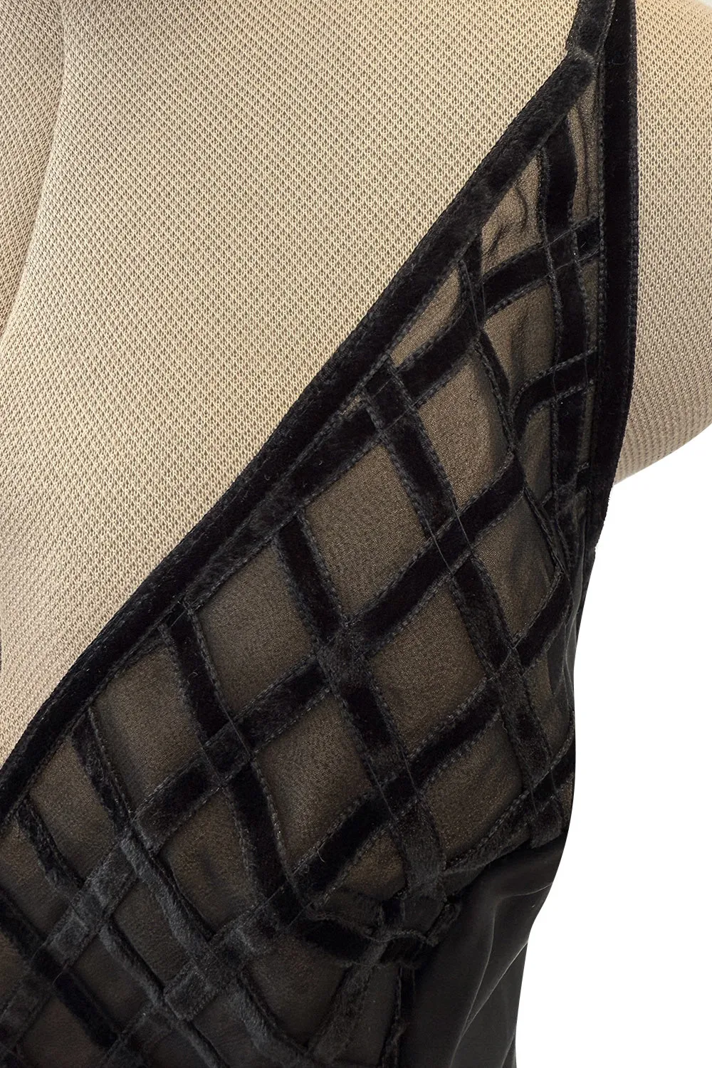Minimalist 1990s Richard Tyler Velvet & Chiffon Lattice Front Black Silk Dress