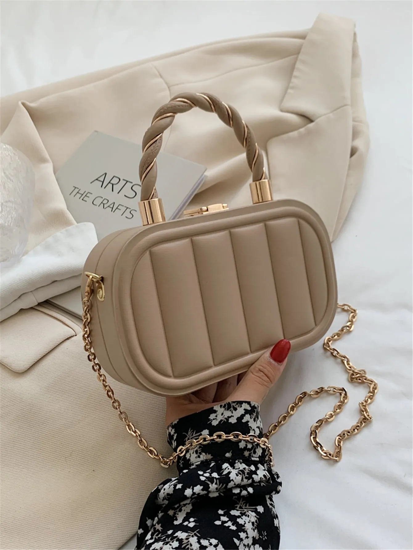 Minimalist Textured Box Bag - Khaki