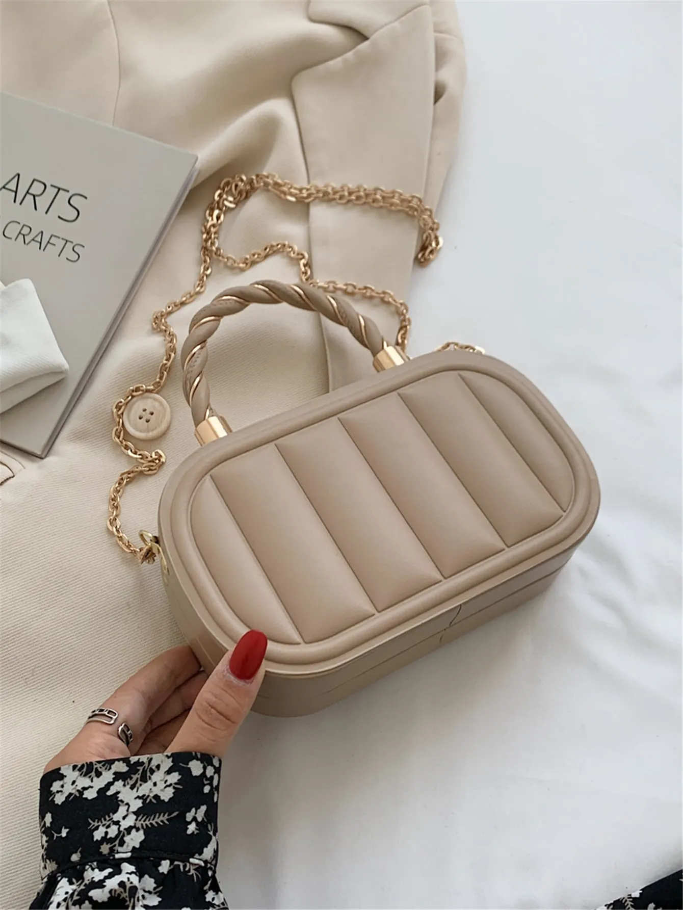Minimalist Textured Box Bag - Khaki