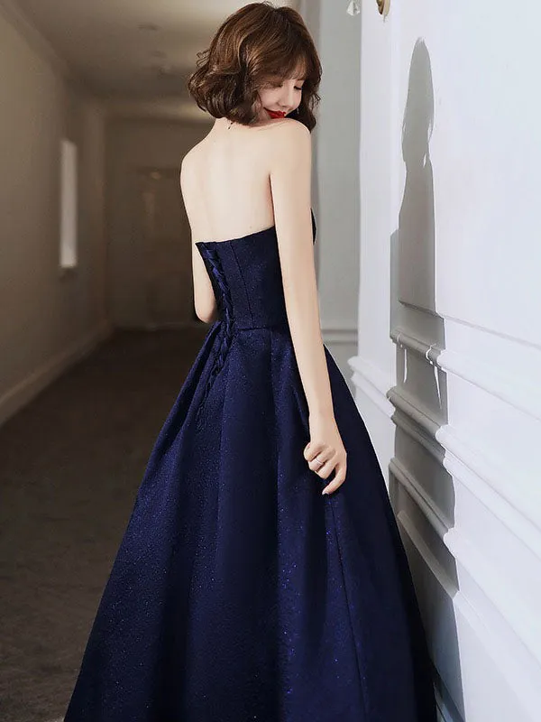 Modern Evening Dress A-Line Strapless Satin Fabric Floor-Length Pleated Social Party Dresses