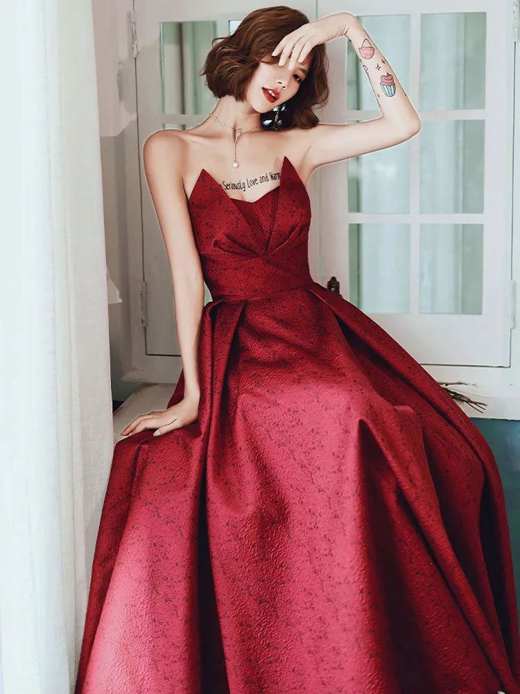 Modern Evening Dress A-Line Strapless Satin Fabric Floor-Length Pleated Social Party Dresses