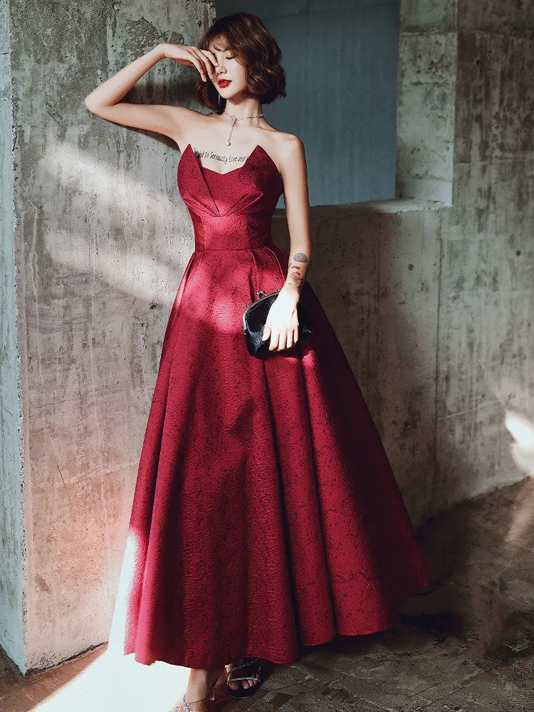 Modern Evening Dress A-Line Strapless Satin Fabric Floor-Length Pleated Social Party Dresses