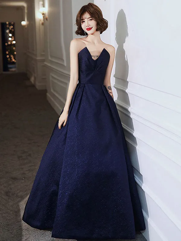 Modern Evening Dress A-Line Strapless Satin Fabric Floor-Length Pleated Social Party Dresses