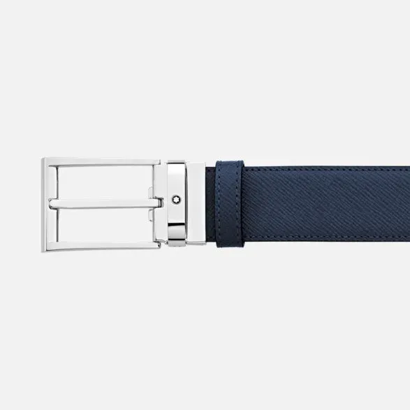 Montblanc 35mm Belt trapezoidal buckle leather Sartorial reversible black blue adjustable length 118438