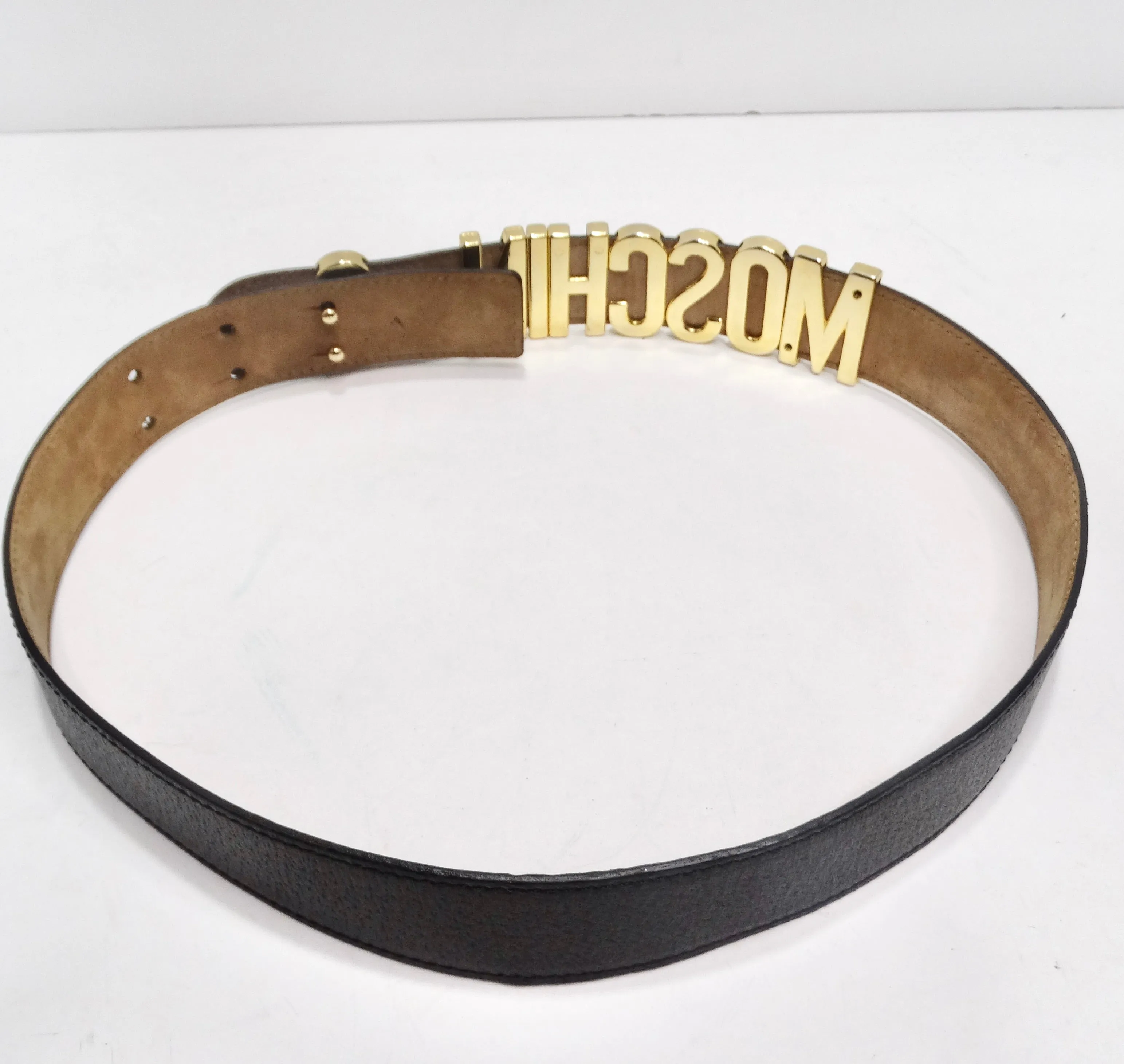 Moschino 1990s Gold Tone Logo Black Leather Belt