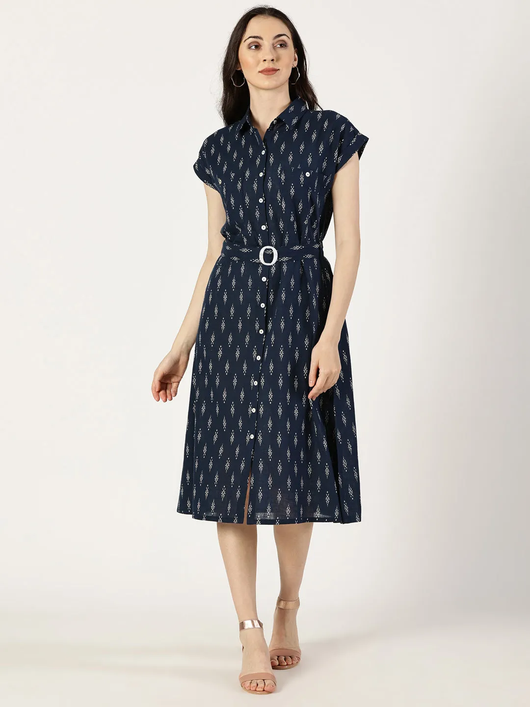 Navy Blue Ikat Print Cotton Dress With Belt Buckle