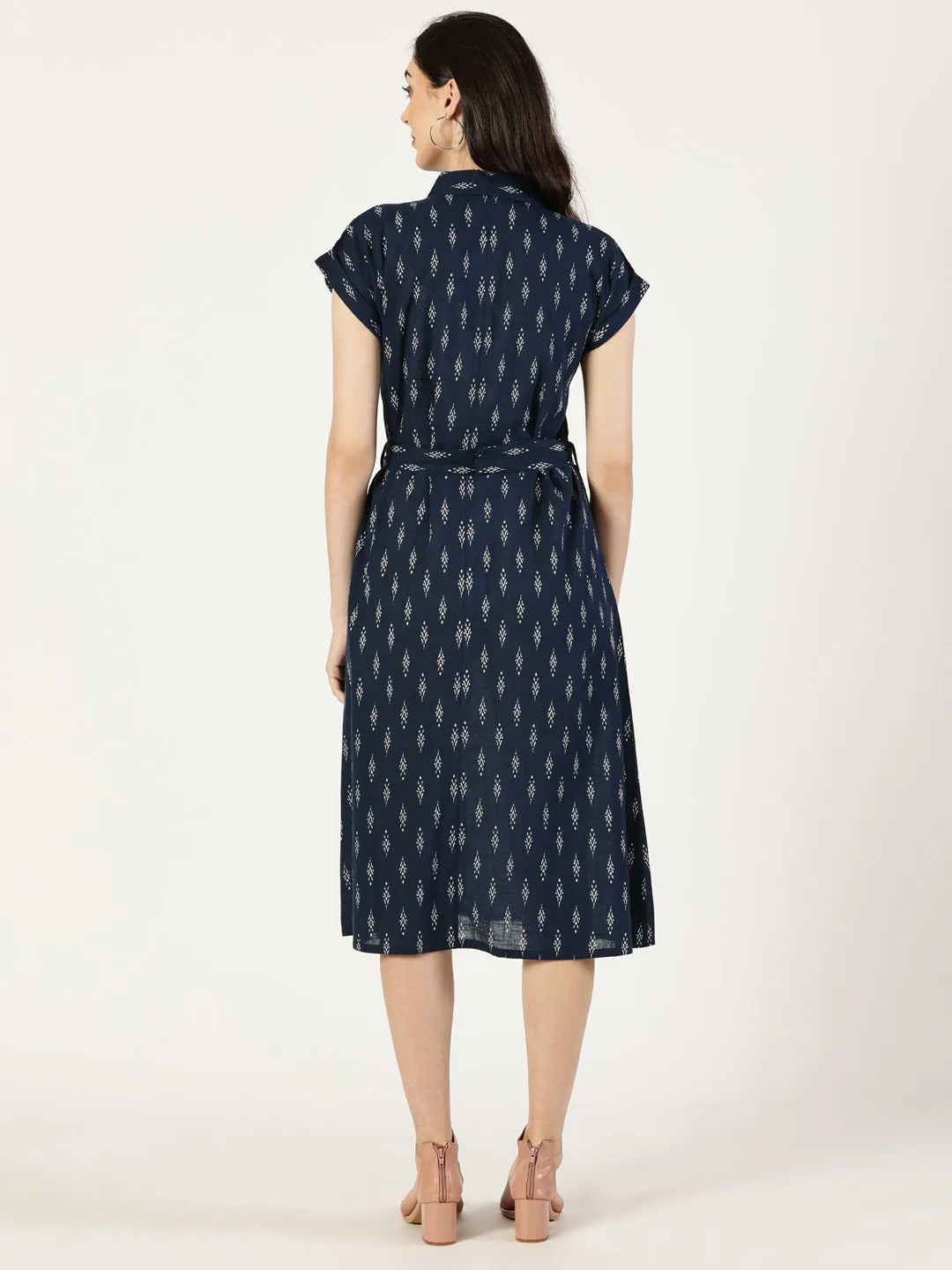 Navy Blue Ikat Print Cotton Dress With Belt Buckle