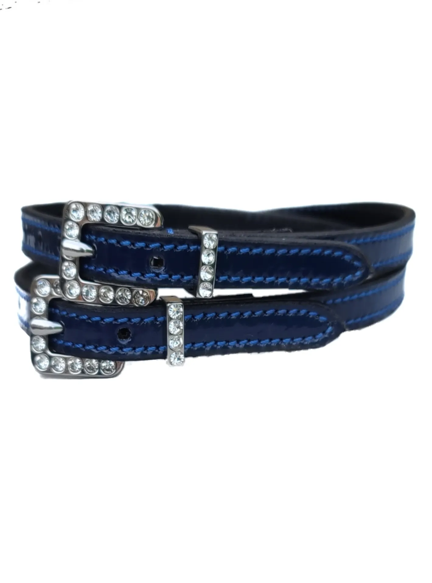 Navy Blue Patent Leather Belt with Clear Channel Set Crystals