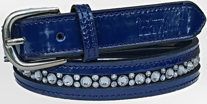 Navy Blue Patent Leather Belt with Clear Channel Set Crystals