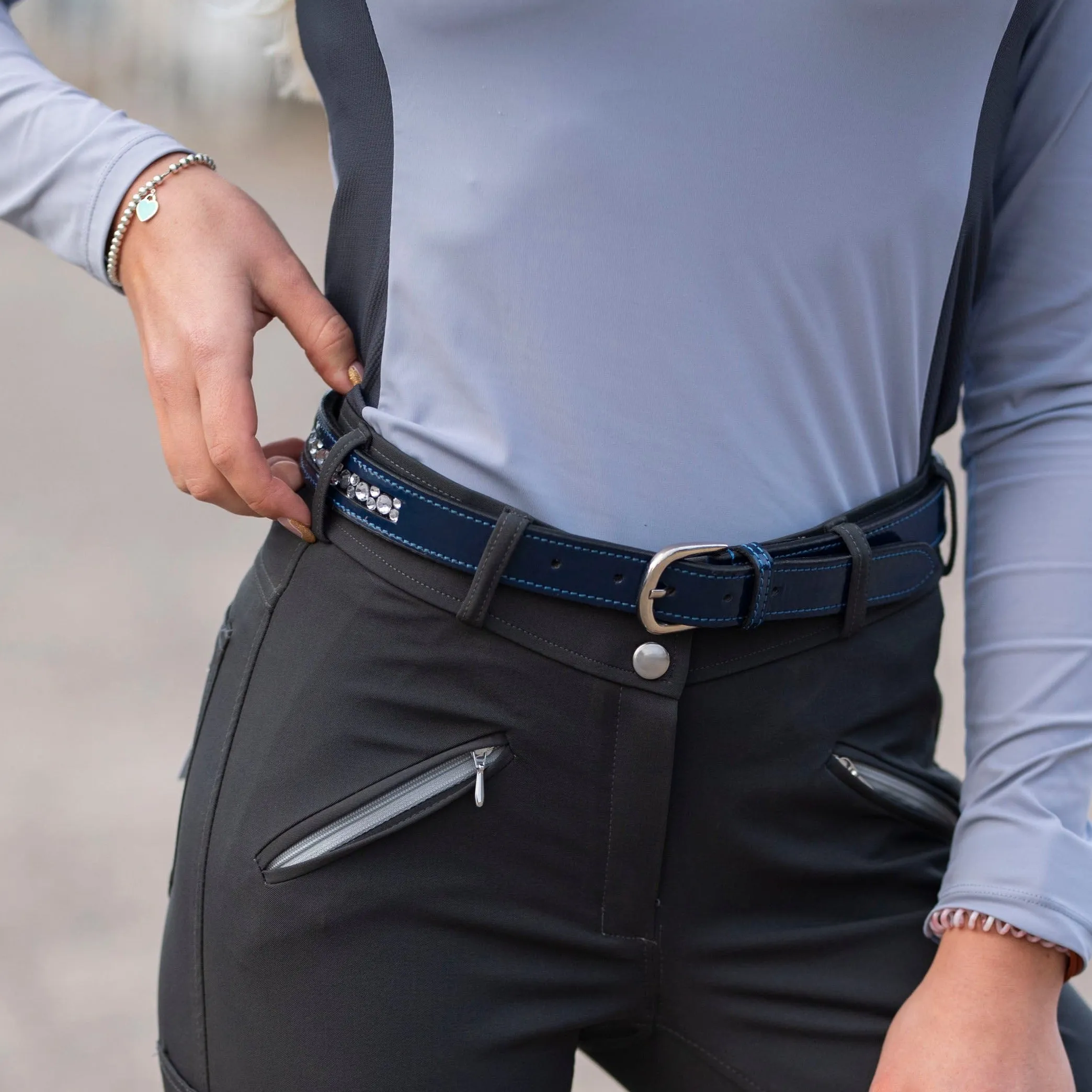 Navy Blue Patent Leather Belt with Clear Channel Set Crystals