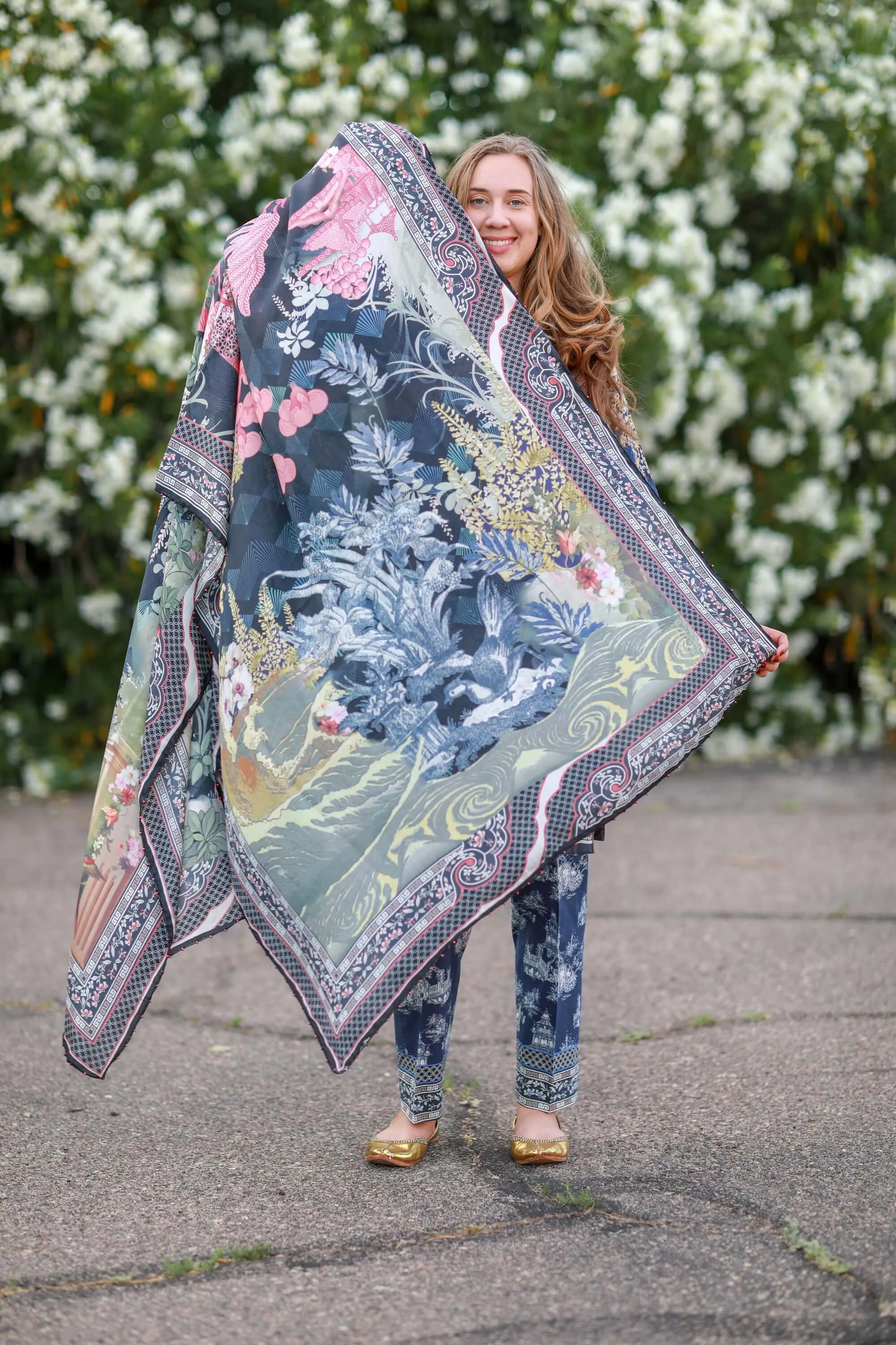 Navy Farah Taleb Designer Lawn-Cotton
