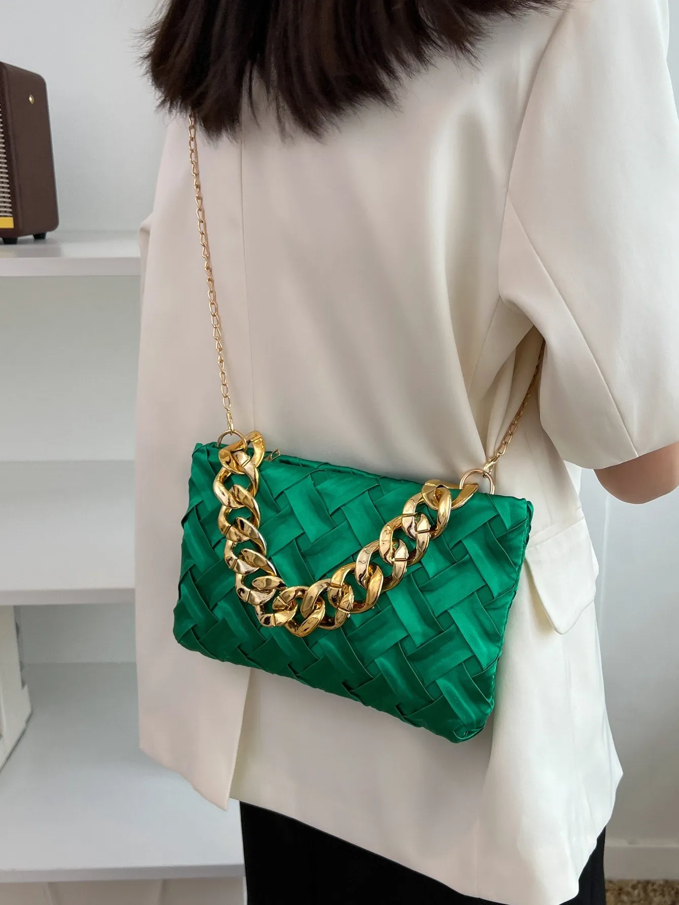 Neon Braided Detail Chain Square Bag - Green
