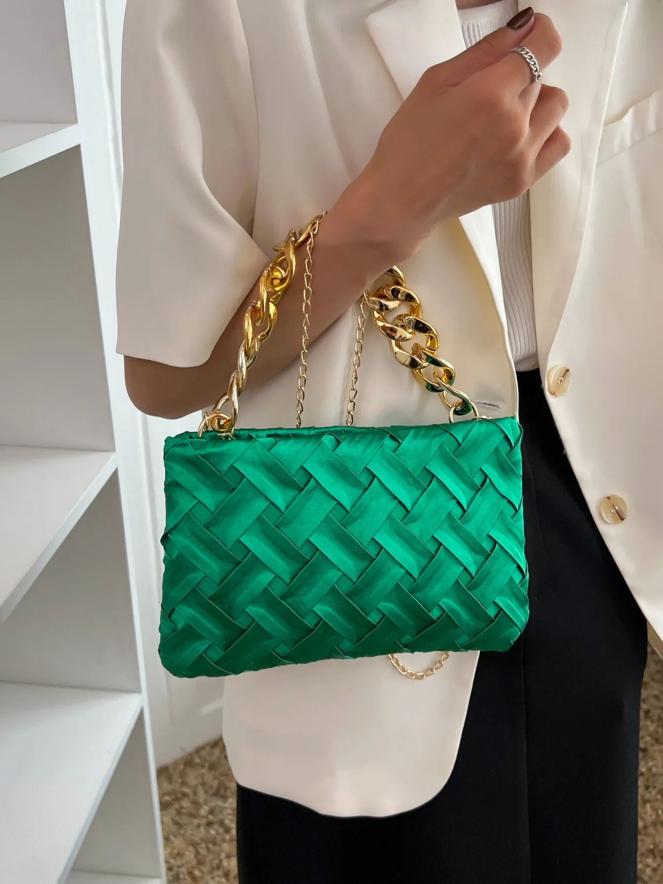 Neon Braided Detail Chain Square Bag - Green
