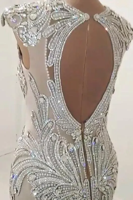 New Arrival V Neck Cap Sleeve Beads Crystals Mermaid Wedding Dress Lace Applique