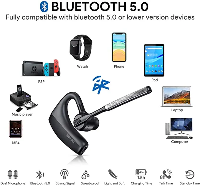 New Bluetooth Headset Bluetooth Earpiece V5.0 with Dual Mic TOKSEL Noise Cancelling Bluetooth Headset, Mute Button, Hands-Free Earphones Compatible iPhone Android Cell Phones Driving/Business/Office