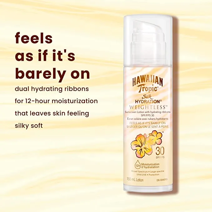 New Hawaiian Tropic Silk Hydration Weightless Sunscreen Lotion with Air-Soft Texture, SPF30, 150 Milliliters BB 11/24